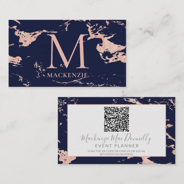 Navy Blue Rose Gold Foil Marble Monogram QR Code Business Card (Front/Back)