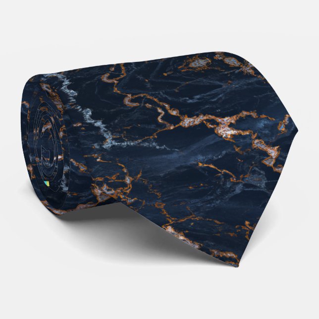 Navy Blue Rose Gold Foil Marble Neck Tie (Rolled)