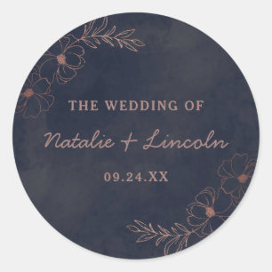 Navy Blue & Rose Gold Foil Monogram Rustic Wedding Classic Round Sticker