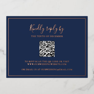 Navy Blue Rose Gold Foil QR Code Wedding RSVP Card