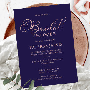 Navy Blue Rose Gold Foil Script Bridal Shower Invitation