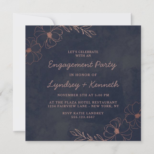 Navy Blue & Rose Gold Foil Square Engagement Party Invitation (Front)