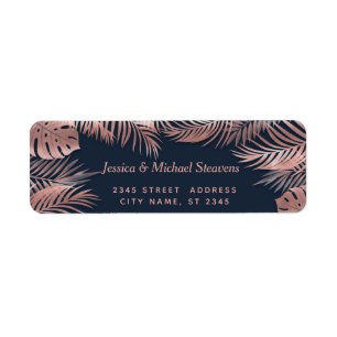 Navy blue rose gold foil tropical leaves romantic