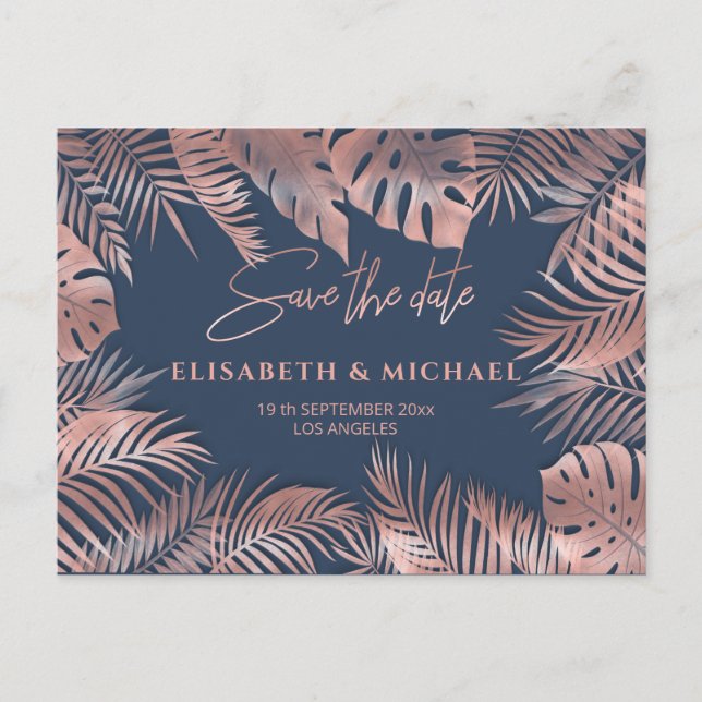Navy blue rose gold foil tropical leaves romantic  announcement postcard (Front)
