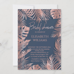 Navy blue rose gold foil  tropical leaves romantic invitation