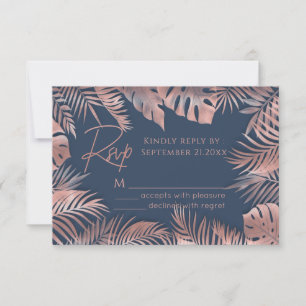 Navy blue rose gold foil  tropical leaves romantic RSVP card