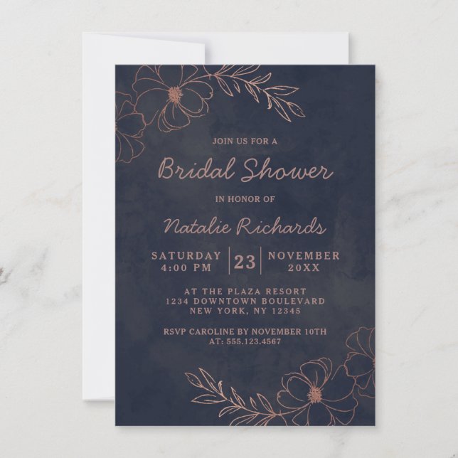 Navy Blue & Rose Gold Foil Wedding Bridal Shower Invitation (Front)