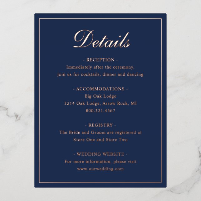 Navy Blue Rose Gold Foil Wedding Enclosure Card (Front)