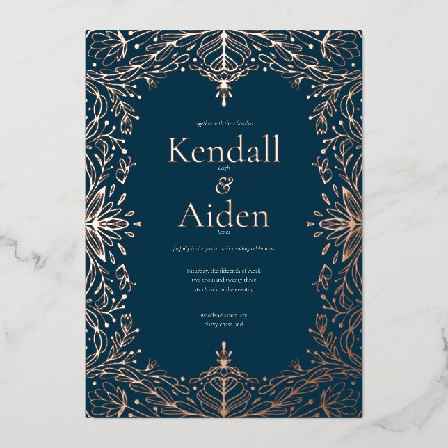 Navy Blue Rose Gold Foil Whimsical Wedding (Front)