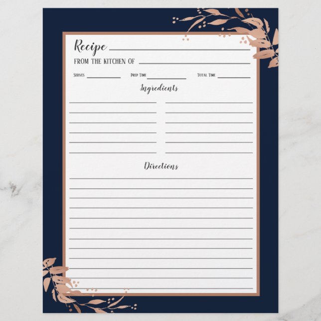 Navy Blue Rose Gold Foliage Recipe Binder Page (Front)