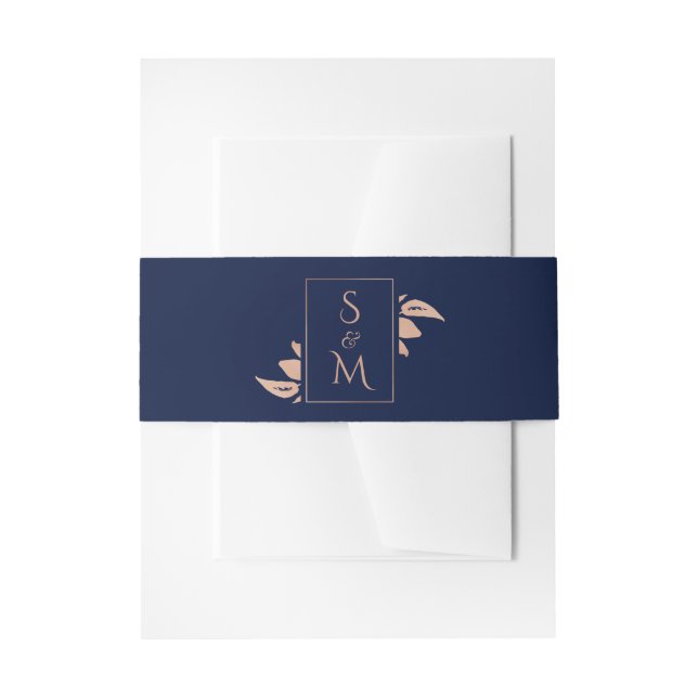 Navy Blue | Rose Gold Foliage Wedding Invitation Belly Band (Front Example)