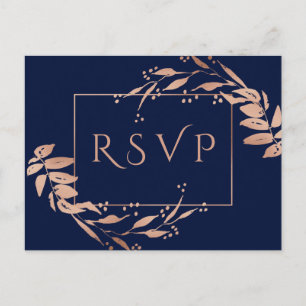Navy Blue Rose Gold Foliage Wedding RSVP Postcard