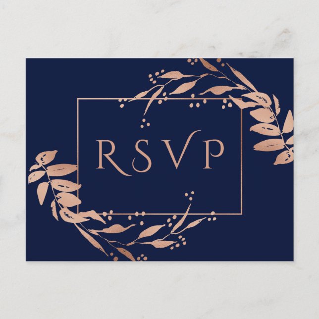 Navy Blue Rose Gold Foliage Wedding RSVP Postcard (Front)