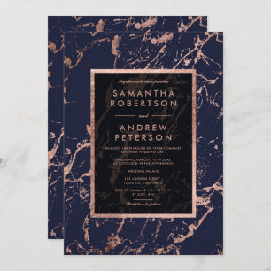 Navy blue rose gold frame marble wedding invitation