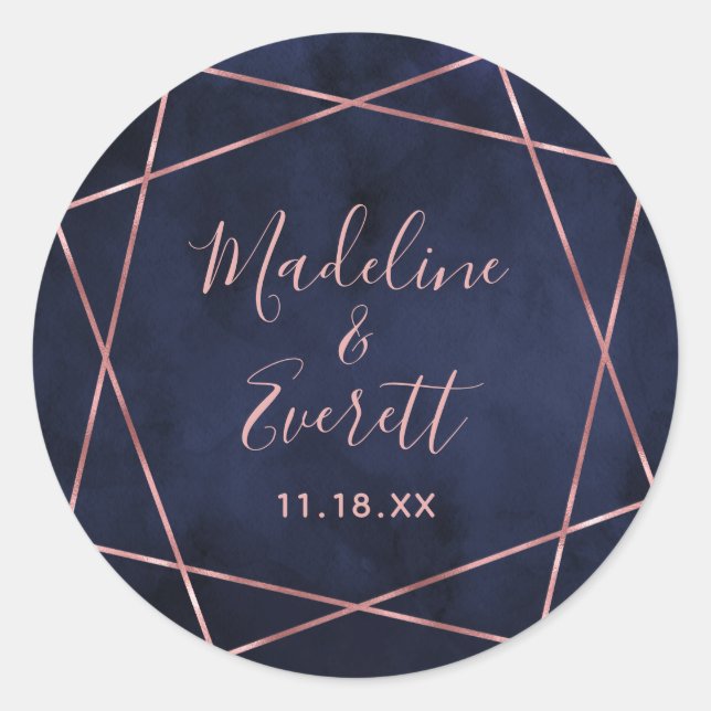 Navy Blue & Rose Gold Geometric Monogram Wedding Classic Round Sticker (Front)