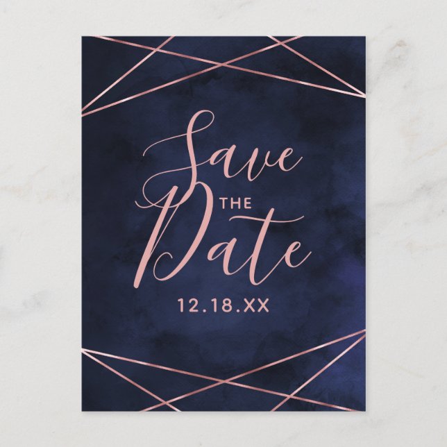 Navy Blue & Rose Gold Geometric Save the Date Announcement Postcard (Front)