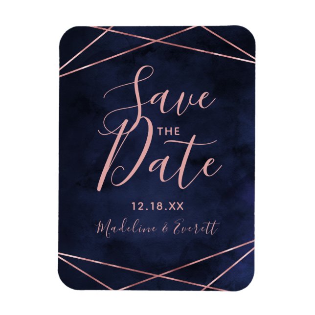 Navy Blue & Rose Gold Geometric Save the Date Magnet (Vertical)