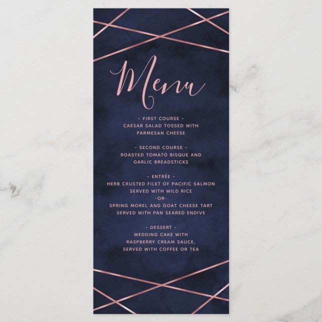 Navy Blue & Rose Gold Geometric Wedding Menu (Front)