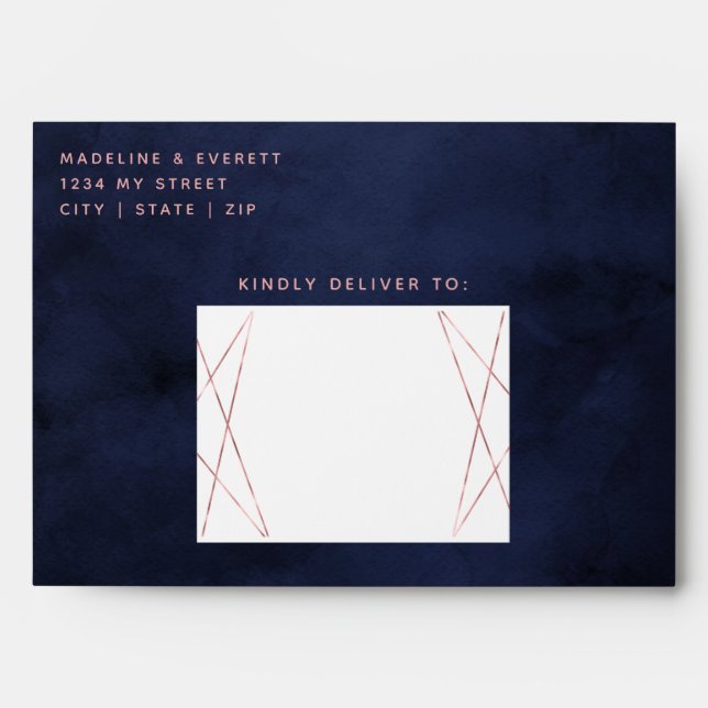Navy Blue & Rose Gold Geometric Wedding Monogram Envelope (Front)