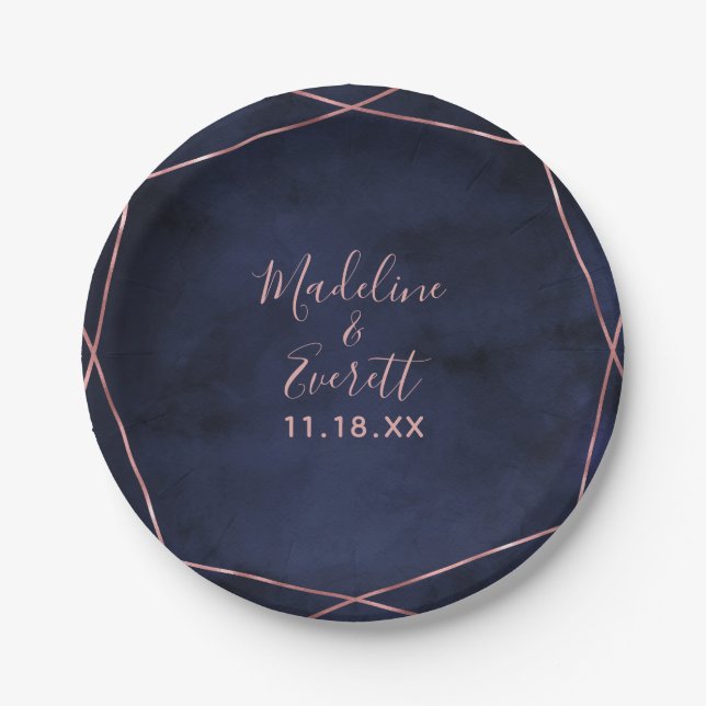 Navy Blue & Rose Gold Geometric Wedding Monogram Paper Plate (Front)