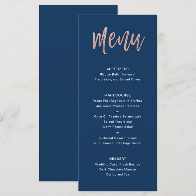 Navy Blue & Rose Gold glam Chic Wedding Menu (Front/Back)