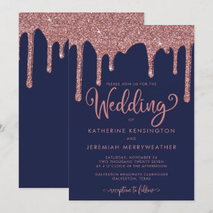Navy Blue Rose Gold Glam Glitter Wedding Invitation