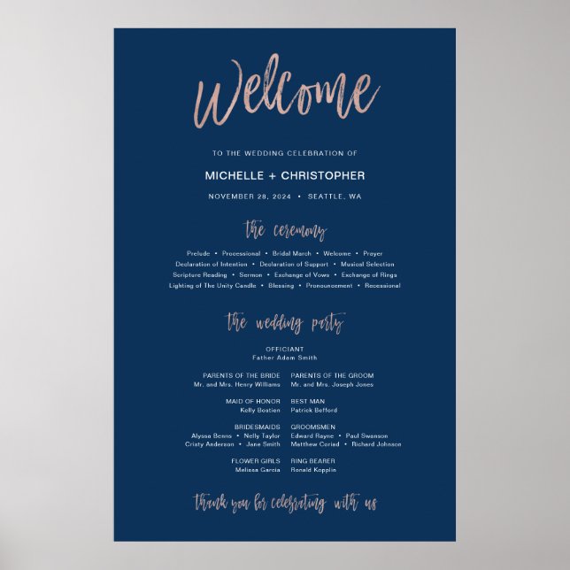 Navy Blue & Rose Gold Glam Wedding Program Sign (Front)