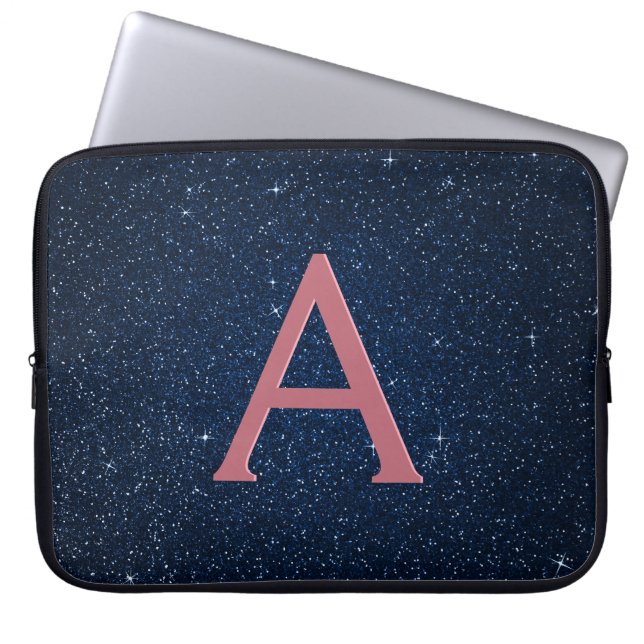Navy Blue & Rose Gold Glitter and Sparkle Monogram Laptop Sleeve (Front)