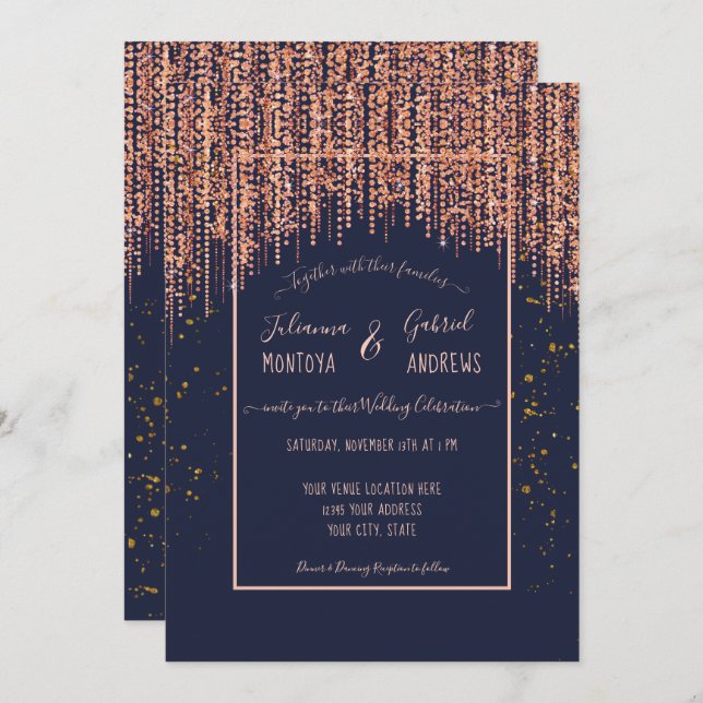 Navy Blue Rose Gold Glitter Blush Confetti Wedding Invitation (Front/Back)
