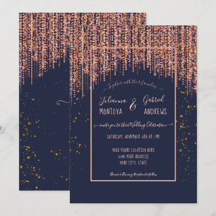 Navy Blue Rose Gold Glitter Blush Confetti Wedding Invitation