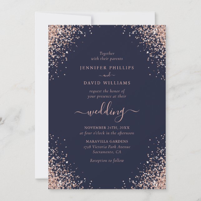 Navy Blue Rose Gold Glitter Confetti Wedding Invitation (Front)