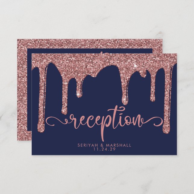Navy Blue Rose Gold Glitter Drip Wedding Reception Enclosure Card (Front/Back)