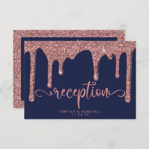 Navy Blue Rose Gold Glitter Drip Wedding Reception Enclosure Card
