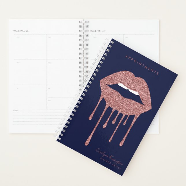 Navy Blue Rose Gold Glitter Dripping Lips Planner (Display)