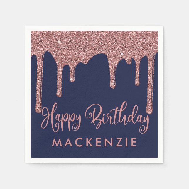 Navy Blue Rose Gold Glitter Drips Birthday Napkin (Front)