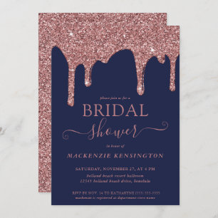 Navy Blue Rose Gold Glitter Drips Bridal Shower Invitation