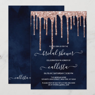 Navy Blue Rose Gold Glitter Drips Bridal Shower Invitation