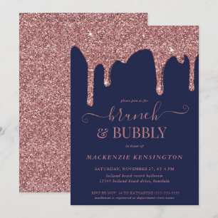 Navy Blue Rose Gold Glitter Drips Brunch Bubbly Invitation