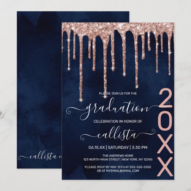 Navy Blue Rose Gold Glitter Drips Graduation Party Invitation (Front/Back)