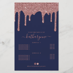 Navy Blue Rose Gold Glitter Drips Price List Flyer