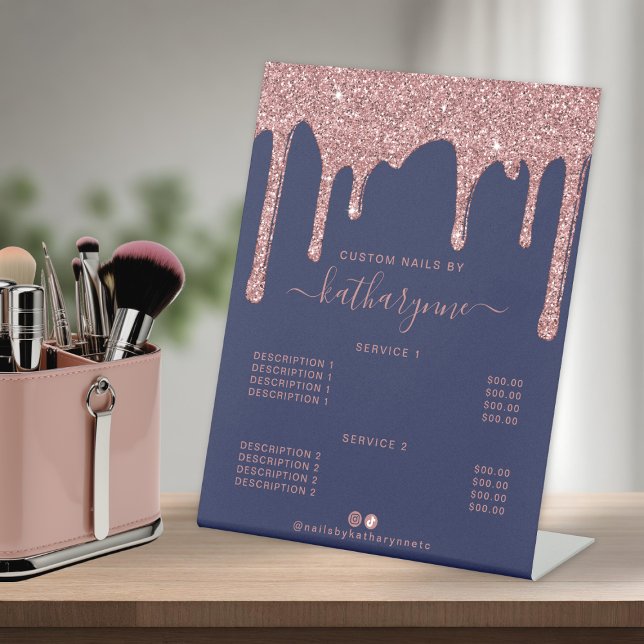 Navy Blue Rose Gold Glitter Drips Price List Pedestal Sign (Navy Blue Rose Gold Glitter Drips Price List Pedestal Sign)