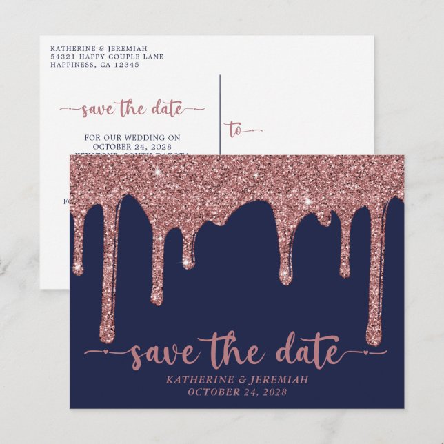 Navy Blue Rose Gold Glitter Drips Save The Date Announcement Postcard (Front/Back)