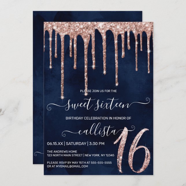 Navy Blue Rose Gold Glitter Drips Sweet 16 Invitation (Front/Back)