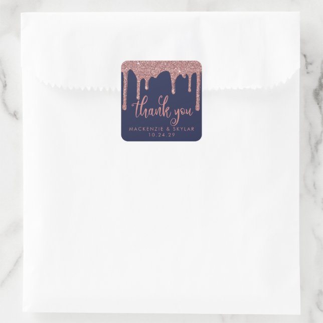 Navy Blue Rose Gold Glitter Drips Thank You Square Sticker (Bag)
