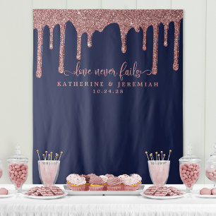 Navy Blue Rose Gold Glitter Drips Wedding Backdrop Tapestry