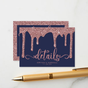 Navy Blue Rose Gold Glitter Drips Wedding Details Enclosure Card