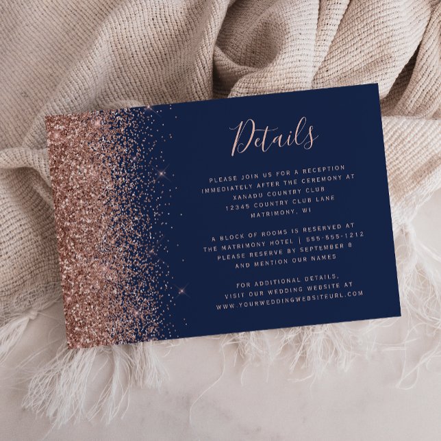 Navy Blue Rose Gold Glitter Edge Wedding Details Enclosure Card (Creator Uploaded)