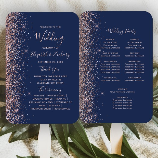 Navy Blue Rose Gold Glitter Edge Wedding Program Hand Fan (Creator Uploaded)