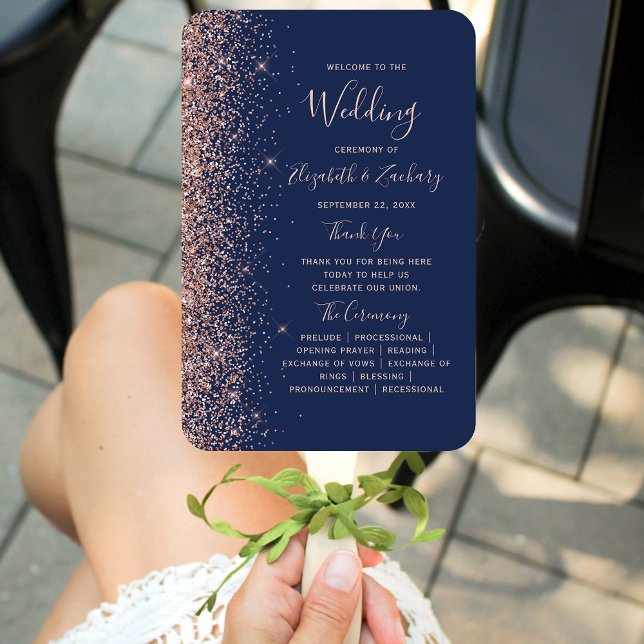 Navy Blue Rose Gold Glitter Edge Wedding Program Hand Fan (Creator Uploaded)