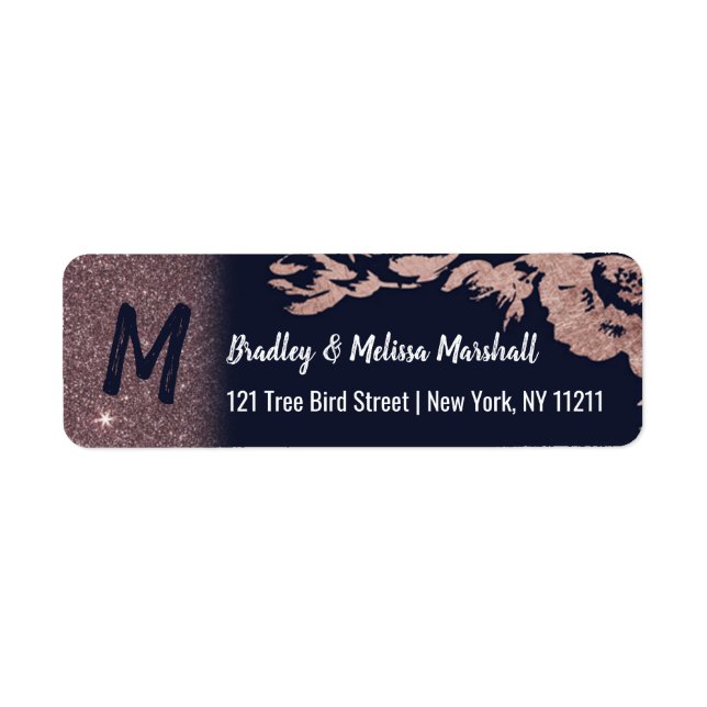 Navy Blue Rose Gold Glitter Floral Address (Front)